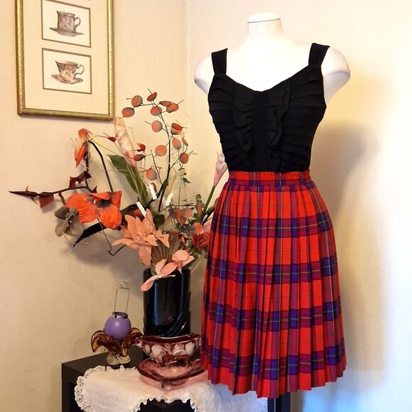 Vintage Jocardi Pleated Red Black Plaid High Elastic Waist Short Skirt Size 12 - Picture 5 of 9